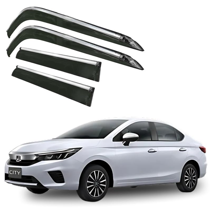 Image of CAR SAAZ Side Door Visors for City I-Vtech (Set of 4Pcs)|Chrome Lined Rain Guards, Polycarbonate, Smoke Finish