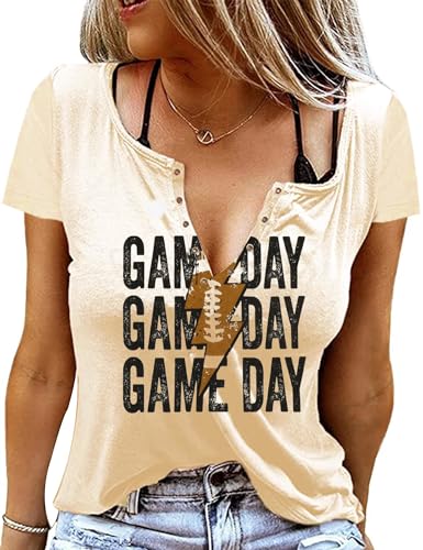 Game Day Outfits Shirts Women V Neck Football Graphic Tee Tops Funny Football Game Day Shirts for Teen Girls(Apricot L)