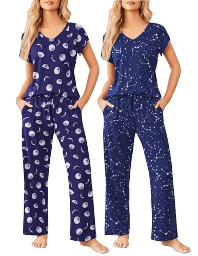 Image of Ekouaer 2 Pack Womens Pajamas Short Sleeve Sleepwear Top with Pants Super-Soft Printed Lounge Sets S-XXL