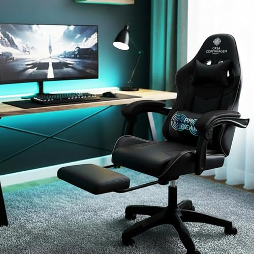 Image of Casa Copenhagen Designed in Denmark,High-Back Italian Leather Gaming Ergonomic Chair with Advanced Mechanism & Electric Back Massager, Memory Foam Seating & Multi Function Arm-Rest - Black & Black