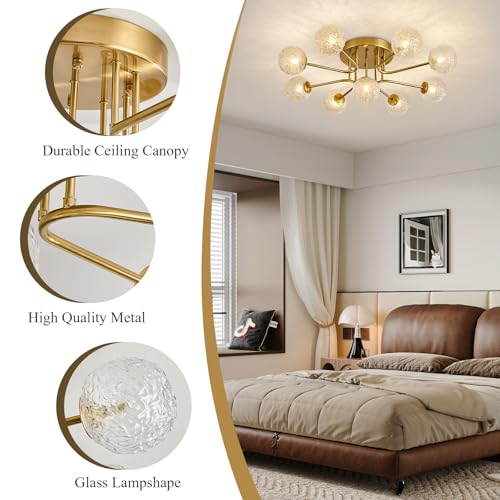 Image of Sputnik Semi Flush Mount Ceiling Light Gold Glass Globe Chandelier Ceiling Lighting Mid Century Modern 9 Lights Bubble Chandelier for Dining Living Room Bedroom