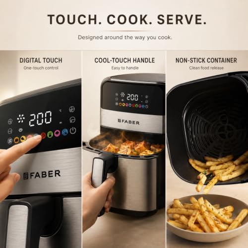 Image of Faber 7L 1600W Digital Air Fryer | Fry, Bake, Roast, Toast, Defrost, Grill & Reheat | 85% Less Oil, 360 Air Cooking | 8-Preset Menu, LED Display & Touch Control| Non-Stick Pan | FAF EVA 7.0L BK