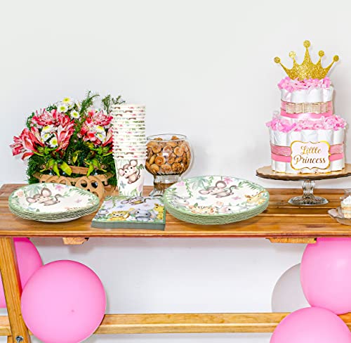 Jungle Safari Animal Party Supplies Tableware Set With Greenery 24 9" Paper Plates 24 7" Plates 24 9 Oz Cups 24 Lunch Napkins For Baby Shower Gender Reveal Birthday Forest Friends Disposable Decor #TOP2