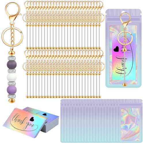 Image of 42 /84 /126 Pcs Beadable Keychain Bars Bulk Blank DIY Beaded Keychain Making Supplies with Bag Thank You Card