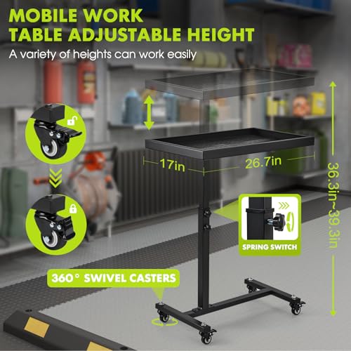 Adjustable Work Table with Wheels, Mechanic Rolling Tool Tray Table for Garage Repair Shops DIY, 220LBS Capacity Mobile Heavy Duty Steel Tool Cart (Black) - Image 4