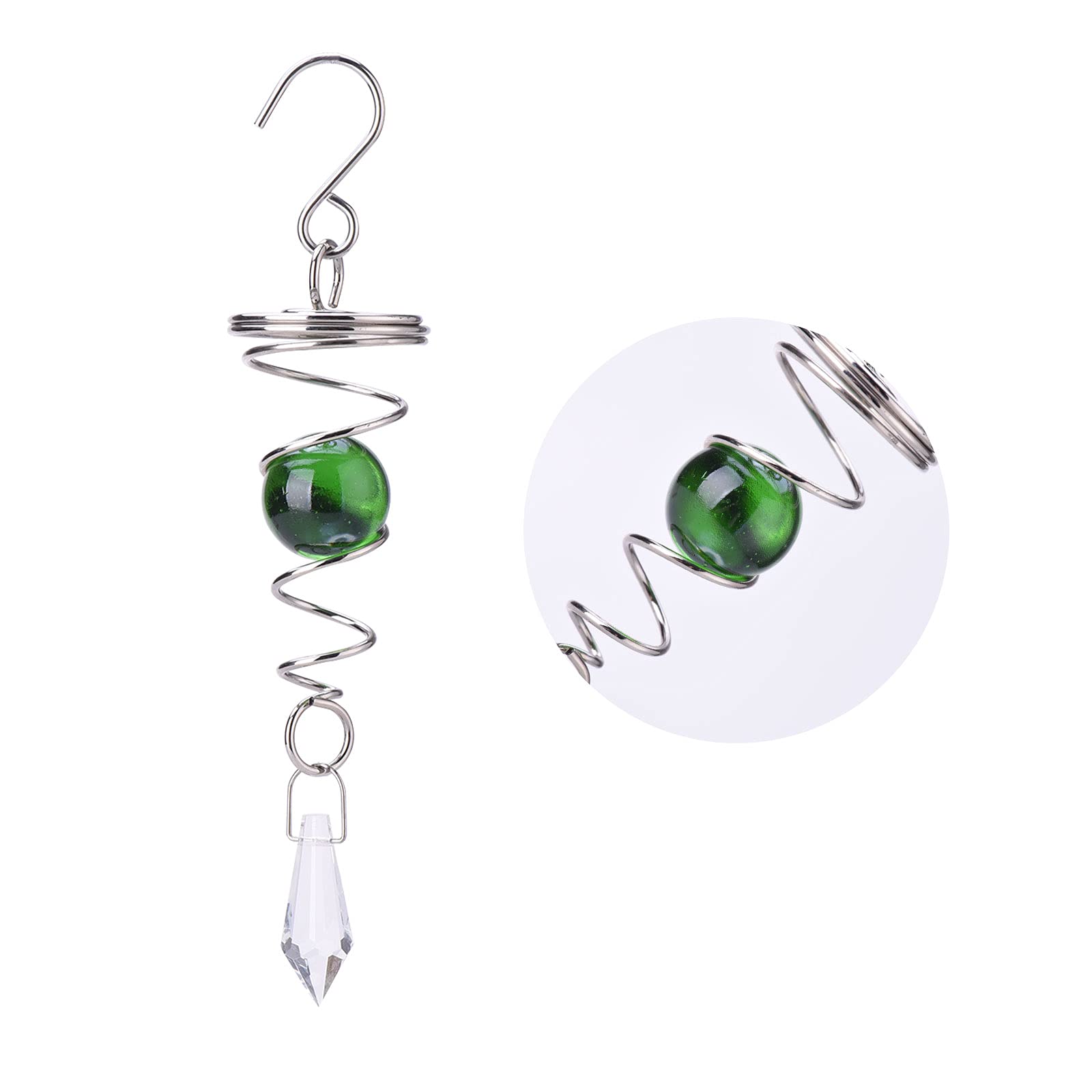 MISNODE Gazing Ball Spiral Tail Wind Spinner Stabilizer, Stainless Steel Glass Ball with Hanging Swivel Hook, Wind Spinner Catcher Decorations for Garden Decorations Outdoor Hanging 7 inch Green