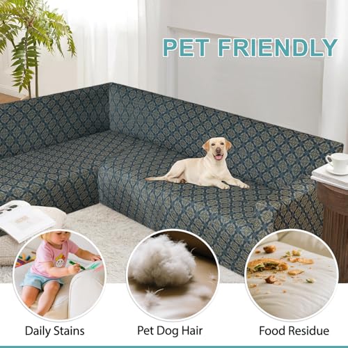 ALIECOM Sectional Couch Cover L Shaped Sofa Cover Washable Stretch Super Corner Sofa Slipcover U Shape Dog Pet Friendly Super Soft Furniture Protector for Living Room (Floral Beige & Navy, X-Large) — view 6