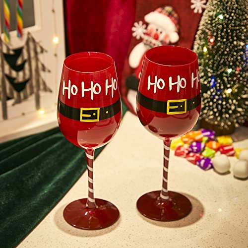 Ho Ho Ho Santa's Holiday Stemmed Wine & Water Glasses - Set Of 2 - Hohoho, Red & Black, 9" H - New Years Eve Parties Glassware - Xmas Tree - Set Of 2, 17.5Oz - Merry Christmas Santa Festive Glass #TOP1
