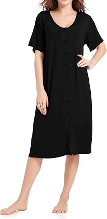 CHUNG Women Nightgown Loose Fit NightShirt Front Open Button Down Pajamas Nightdress Short Sleeve Sleepwear Under Knee Gown