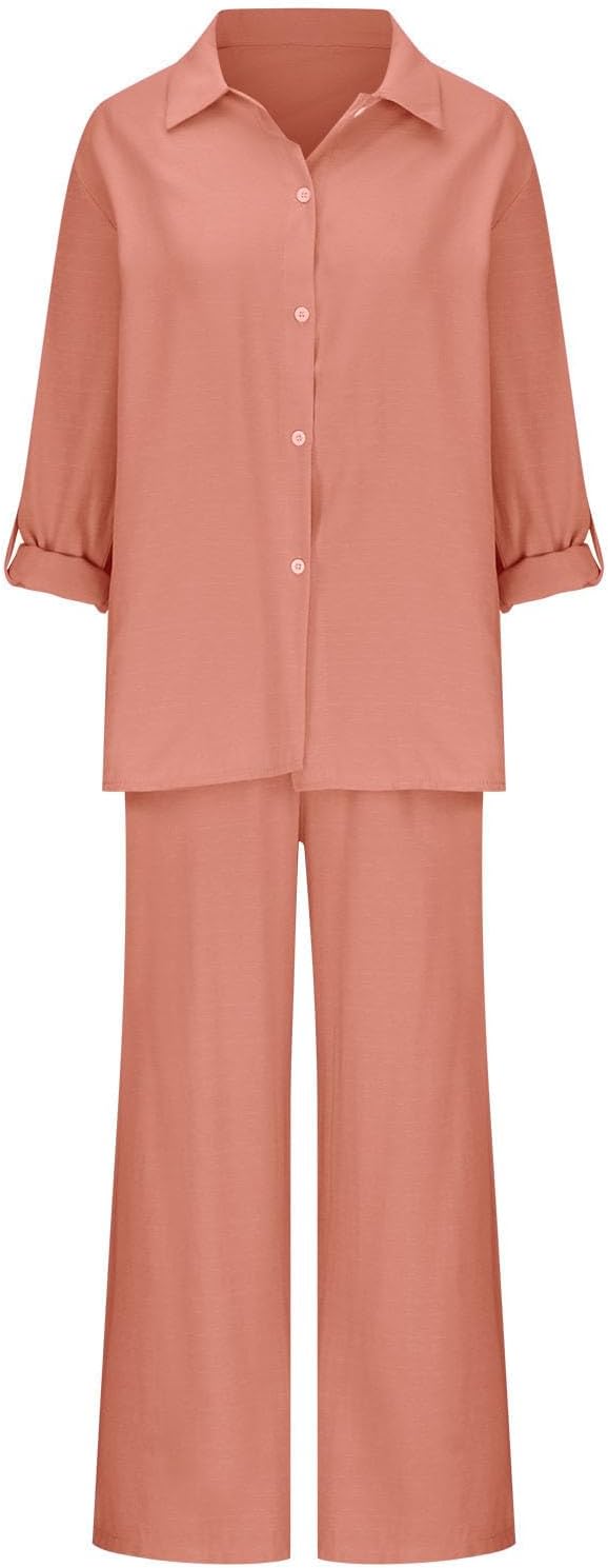 YRAETENM Linen Sets for Women 2 Piece Long Sleeve Button down Shirts and Wide Leg Pants Outfits Loose Casual Gauze Loungewear