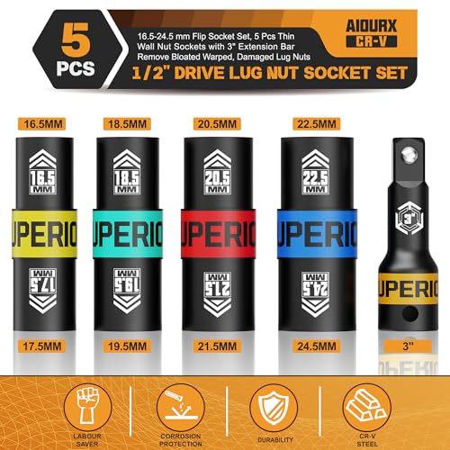 Image of 1 /2 inch Drive Lug Nut Socket Set, 16.5-24.5 mm Flip Socket Set, 5 Pcs Thin Wall Nut Sockets with 3 inch Extension Bar, Remove Bloated Warped, Damaged Lug Nuts