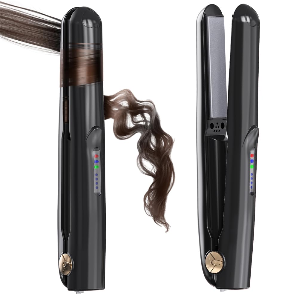 Cordless Hair Straightener and Curler 2 in 1 Ceramic Flat Iron Mini Wireless Portable Travel Hot Tools Straight Curl for Women Men USB Rechargeable with Pouch (Black)