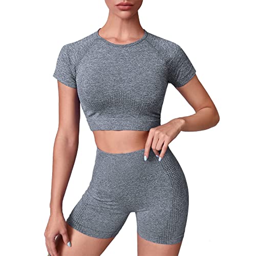 Roupas de treino para mulheres, 2 peças caneladas, sem costura, crop regata, leggings de ioga de cin