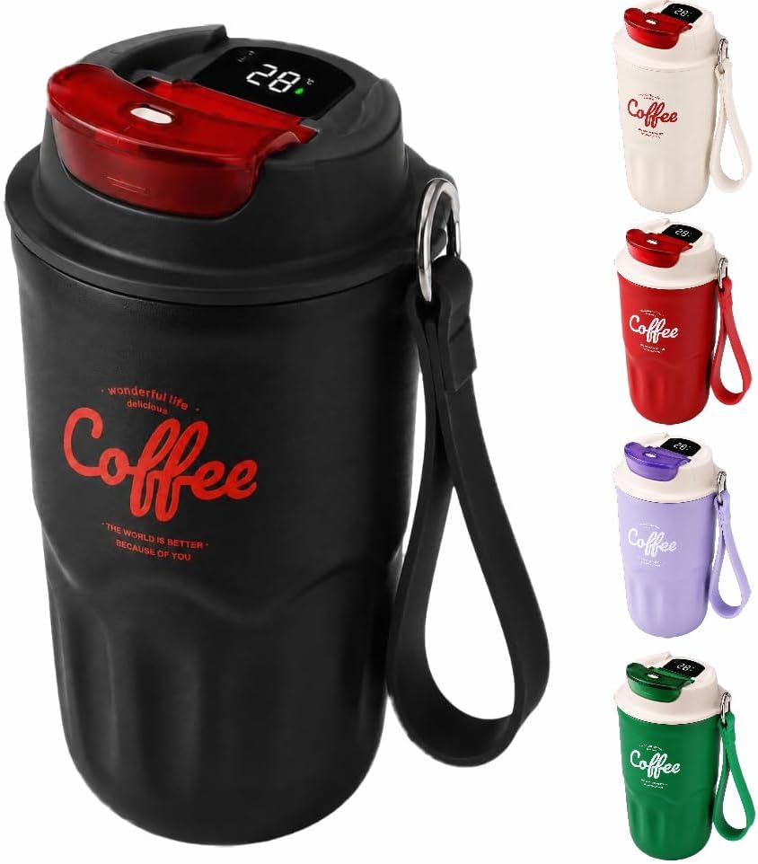 2027 New Coffee Vacuum Flask - 1 Count Portable Coffee Cup with Lid & Handle, 13 OZ Stainless Steel Insulated Water Mug (Black,with Digital Display)