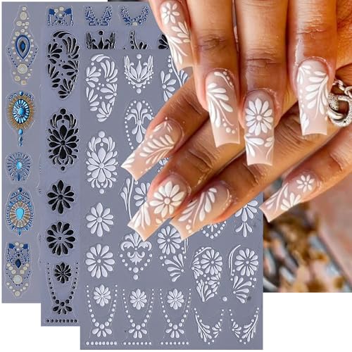 3Sheets Bohemian Nail Art Stickers Retro Blue Floral Totem Nail Decals Black White Flower Designs 3D Self-Adhesive Sticker Pegatinas Uñas Luxury Boho Style Nail Art Supplies for Women DIY Manicure Tip