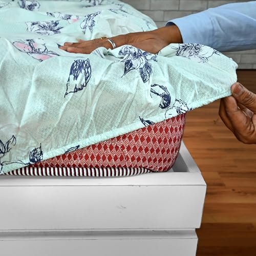 Image of Divine Casa Fitted Sheet for Double Bed (200 x 150 CM) with 2 Pillow Covers | 100% Cotton Double Fitted Bedsheet | Elastic Mattress Sheet 200x150 | Non Slip All Around Elastic