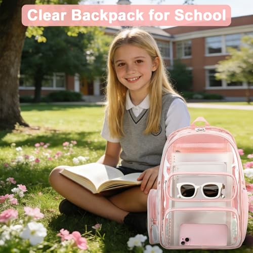 Image of BTOOP Clear Backpack Heavy Duty Transparent Backpack 17 inch See Through Bookbag for College Work Festival Security Padded Strap (Pink)