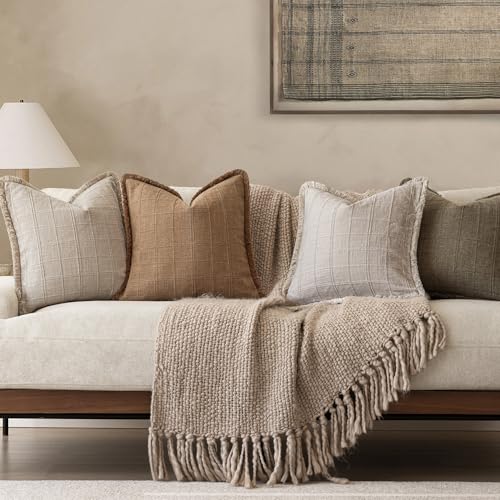 Image of Foindtower Set of 2 Decorative Linen Check Fringe Throw Pillow Covers Farmhouse Vintage Cushion Covers Modern Boho Home Decor for Sofa Chair Couch Bedroom Living Room Outdoor,24x24 Inch,Brick Red