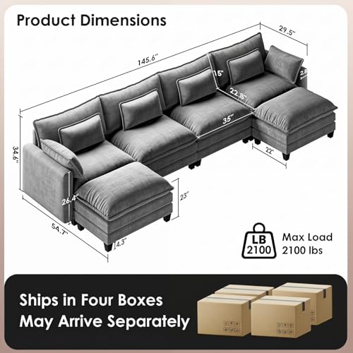 Image of Marsail Modular Sectional Sofa 145.6 inch U-Shaped Modern Comfy Cloud Couch, 6-Seat Chenille Deep Seat Sofa with Throw Pillow & Movable Ottoman for Living Room, Bedroom and Apartment, Grey