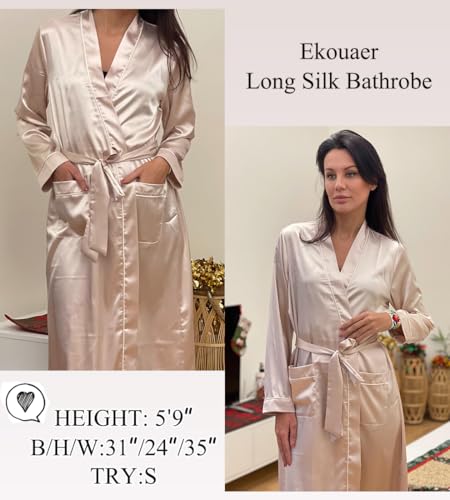 Image of Ekouaer Satin Robes for Women Long Sleeve Silk Bathrobe Soft Lightweight Full Length Sleepwear Bridesmaid Wedding Party Robes
