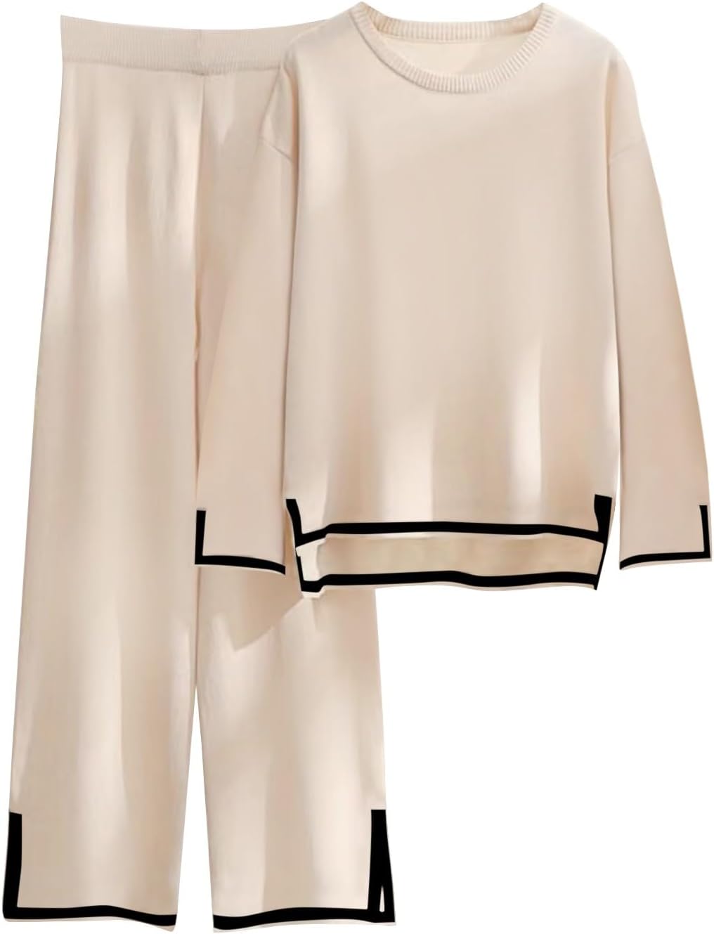 GenericWomens Knit 2 Piece Sweater Sets Short Sleeve Pullover Tops Elastic Waist Wide Leg Pants Women Set