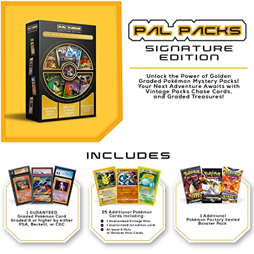 Pal Packs Signature Edition Golden Grade Mystery Box | Guaranteed 1 X Psa, Beckett Or Cgc Graded 8+ Card | 1 X Factory Sealed Booster Pack | 25 X Additional Cards | Compatible With Pokemon Cards #TOP1