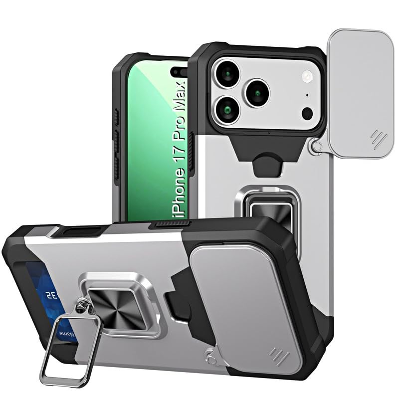 Image of LuxuryKase Shockproof Armor Case for iPhone 17 Pro Max | Slide Camera Cover | Hidden Card Slot | Rotating Ring Kickstand | Magnetic Car Mount Support | Military Grade Protection - White