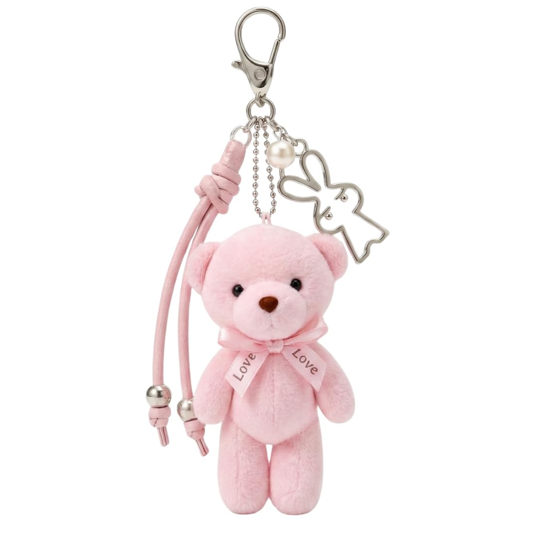 Cute Teddy Bear Keychain for Girls | Soft Plush Toy with Pink Bell & Braided Loop | Bag & Car Hanging Charm | Stylish Keyring for Gifting – Birthday, Friendship Day