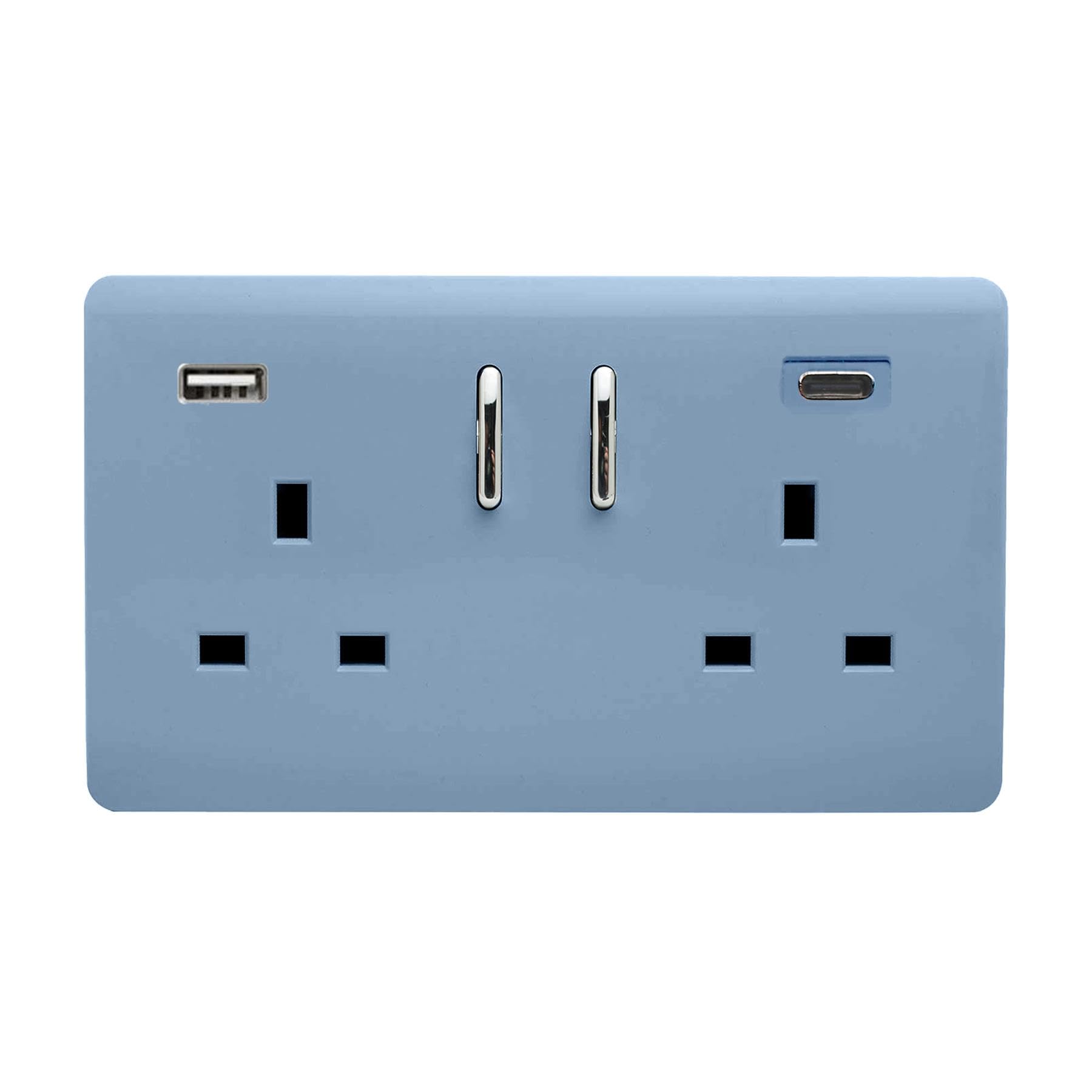 Trendi Switch 2 Gang 13amp 2 Port USB Switched Plug Socket Sky Blue