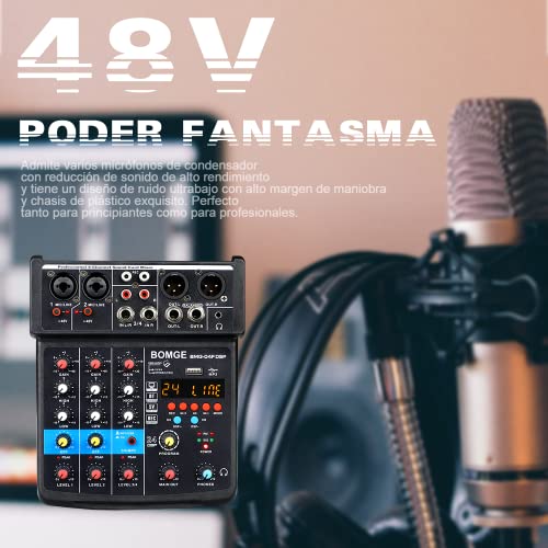 Bomge 4 Channel Mini Dj Audio Sound Mixer Interface With Mp3、 Usb, Bluetooth, Stereo Recording, 48V Phantom Power, 24 Dsp For Karaoke, Performance, Church Singing 、 Podcas Streaming- White #TOP2