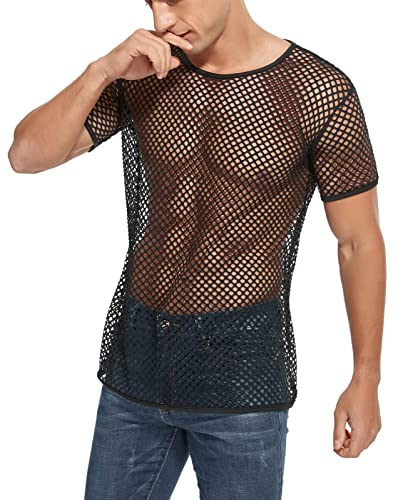 Men's Mesh Fishnet See Through Shirt Short Sleeve Muscle Undershirts Tee Tops