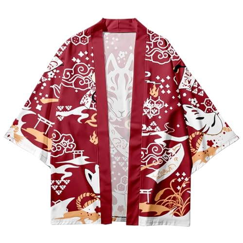 Image of DOSLAVIDA Men's Japanese Kimono Cardigan Suit Chinese Style Printed Jacket Pants Set Open Front Seven Sleeve Top & Shorts
