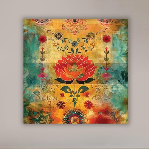 Image of PAINTINGMANTRA Colorful Lotus Artwork Stretched Canvas Painting for Living Room | Bohemian Floral Canvas Wall Decor Art For Livingroom, Bedroom, Office, Hallways - 22x22 Inch