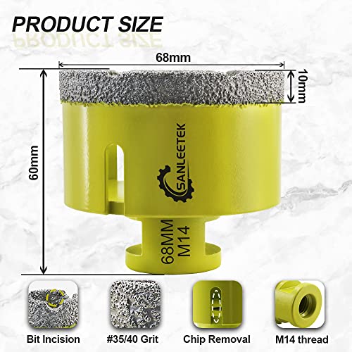 Diamond Tile Drill Bits 68mm SANLEETEK Vacuum Brazed Diamond Hole Saw for Ceramic Porcelain Marble Granite M14 Thread - Image 2