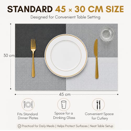 Image of Solitude Set of 4 Dining Table Placemats | Non-Slip PVC Table Mats, Heat Resistant, Washable, Stain-Resistant Surface (Black & White, 45 x 30 cm)