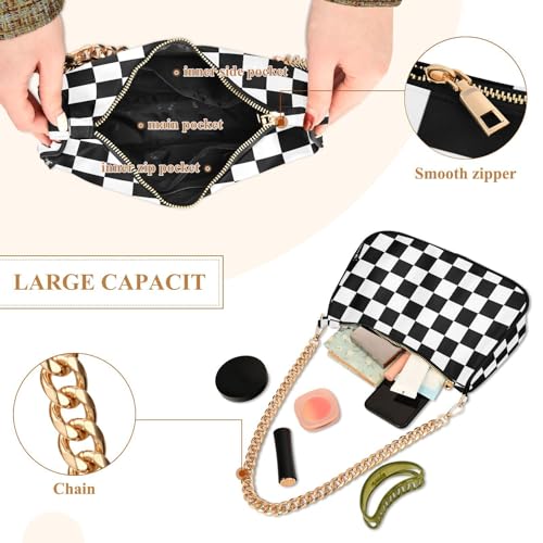 Clutch Tote Handbags with Removable Chains and Zipper Closure White and Black Checked Shoulder Purse Hobo Handbag for Women4