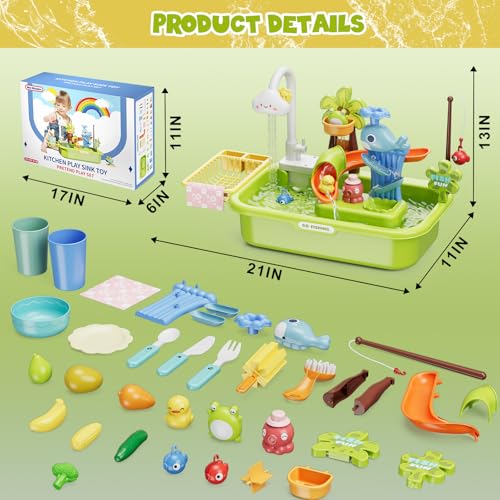 Wee Wonders 3 in 1 Play Sink with Running Water, Play Kitchen Sink Toy with Electric Faucet/Play Food/Pool Toys/Fishing Game, Pretend Play Water Table for Toddlers 3-5, Water Toys for Kids Ages 4-8 - Thumbnail 7