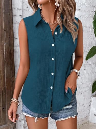 Image of GLASGO Women's 100% Cotton Sleeveless Button Down Shirt | Casual Summer Collared Tank Top | Soft Breathable Fabric Stylish Piece