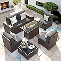 VONZOY Patio Furniture Set with Fire Pit Table, 7 Piece Outdoor Sectional Conversation Sets Wicker Rattan Sectional Sofa with Coffee Table for Patio Garden Backyard, 4'' Thickened Cushion Dark Grey