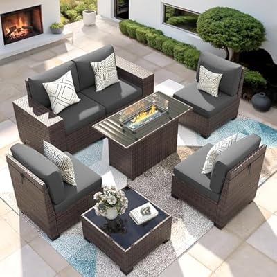 VONZOY Patio Furniture Set with Fire Pit Table, 7 Piece Outdoor Sectional Conversation Sets Wicker Rattan Sectional Sofa with Coffee Table for Patio Garden Backyard, 4'' Thickened Cushion Dark Grey
