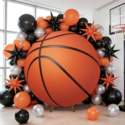 6.5FT Basketball Party Decor Sports Theme Arch Backdrop Round Arch Backdrop Cover Basketball Spandex Fitted Photography Background for Boys Men Fans Birthday Sports Theme Party Decorations Supplies