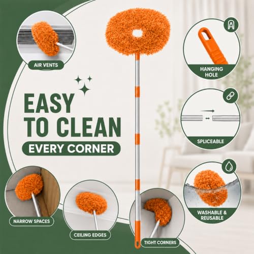 Image of Maxoshine Fan Cleaner Brush with Long Rod Flexible Fan Cleaning Mop Microfiber Dust Cleaner Foldable Duster Microfiber Duster for Cleaning of Home, Kitchen, Car (Orange)