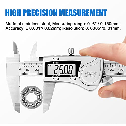Dikako Digital Caliper Measuring Tool, 0-6-Inch Stainless Steel Digital Micrometer, Ip54 Waterproof Protection Design, Inch/Mm/Fraction Conversion, With Large Lcd Screen, Auto - Off Feature #TOP1