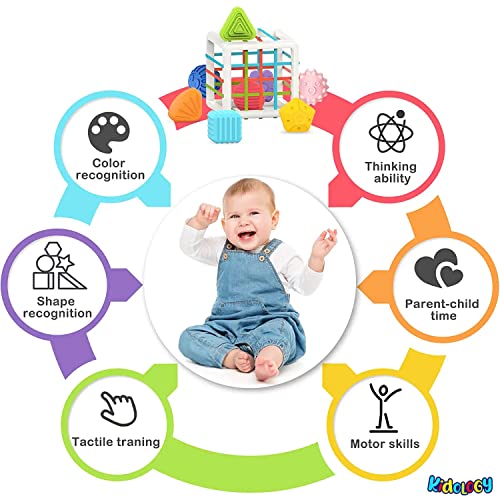 Image of Kidology Baby Shape Sorting Toy | Montessori Sensory Toys with 6 Pcs Blocks Colorful Cube for Kids | Shape Sorting Bin with Elastic Bands Fine Motor Skill Early Learning Preschool Educational Blocks