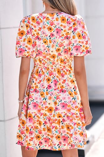 dowerme Women Summer Casual Dresses 2026 Puff Short Sleeve V Neck Floral Boho Midi Dress Flowy Ruffle Spring Sundress(Pink Flowers,X-Large) — view 5