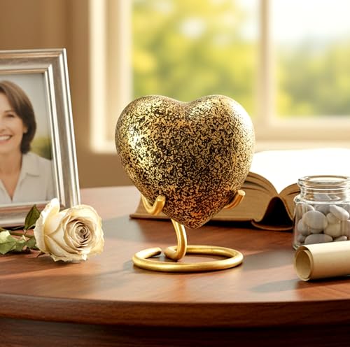 eSplanade Brass Mini Cremation Urn Heart-Shaped Keepsake Memorial Jar Pot Container | Small Urn for Funeral Ashes Burial | Textured Metal Keepsake with Stand | Golden - 2.75" Inches