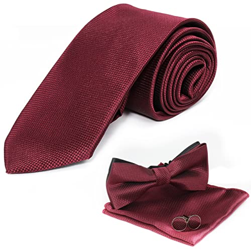 DKWAT Cravate Homme, Coffret Cadeau Inclure Cravate Mouchoir Boutons de Manchette Noeud Papillon, Couleur Bordeaux Set Cover