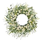 GRBAMBI 22 Inch Artificial Daisy Flower Spring Wreath with Eucalyptus Green Leaves Wreath Farmhouse