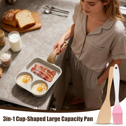 Poêle à œufs antiadhésive à 3 sections avec spatule et brosse pour le petit-déjeuner - 3