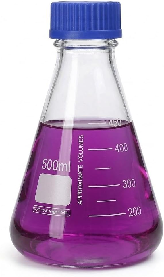 500ml Borosilicate Glass Media Bottle Conical Flask GL45 Blue Cap Leakproof Lab Media Storage Bottle (500ml-1pc)